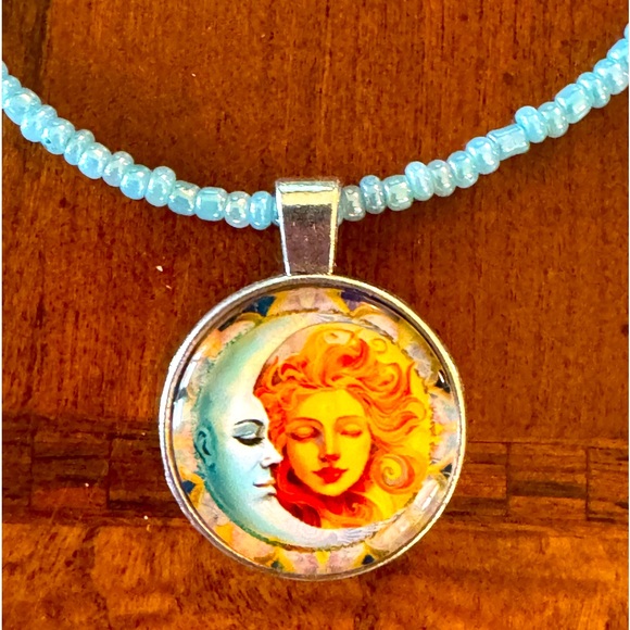 Jewelry - Moon Goddess & Blue Moon Cabochon Silver tone Pendant on Blue Beaded Necklace